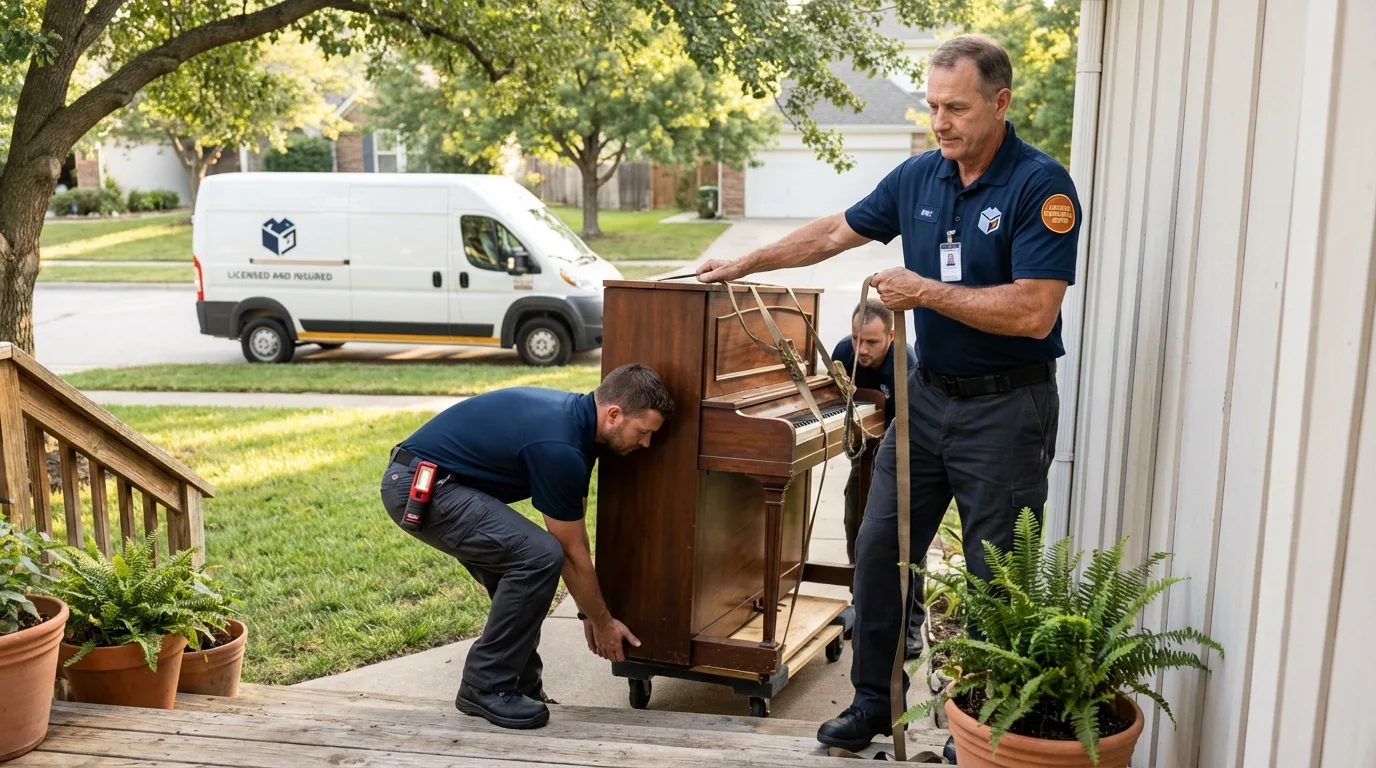 Licensed piano movers securing grand piano in Marshville, NC