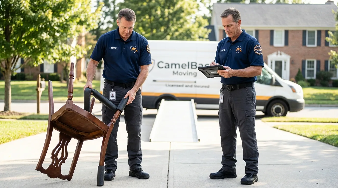 Movers inspecting furniture for damage prevention before loading in Marshville, NC