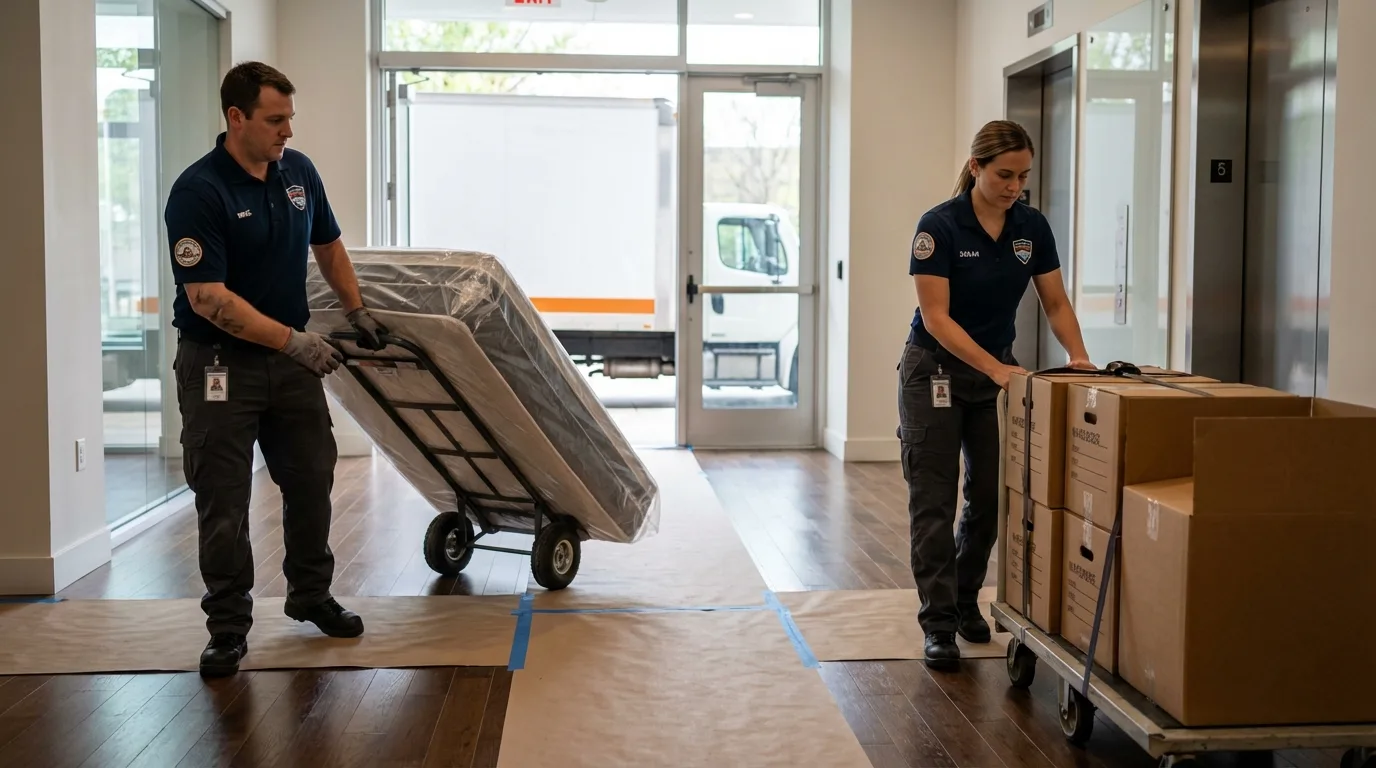 Professional apartment movers loading elevator in Marshville, NC