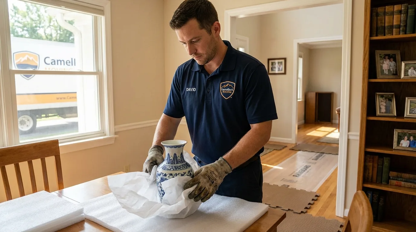 Professional crew carefully wrapping antique vase for senior downsizing move in Marshville, NC